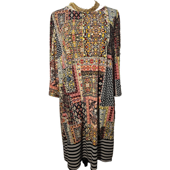 Tacera Womens Slinky Multi Patchwork Print Stretch Dress 3/4 Sleeves Plus 1X - Picture 1 of 5